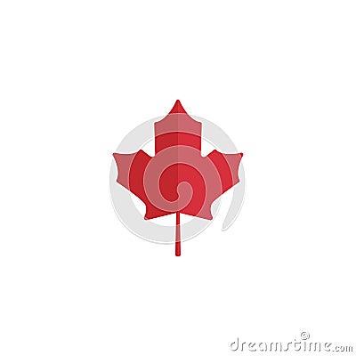 Flat red maple leaf with little stem. Vector icon. Isolated on white. Autumn single leaf silhouette. Canada Vector Illustration