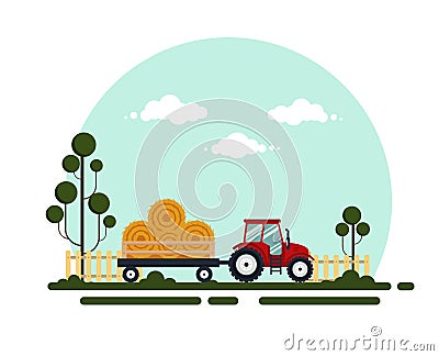 Flat red tractor with a cart hay. The agricultural machinery transports for farm with haystack - vector illustration Vector Illustration