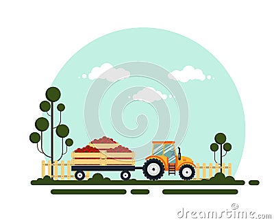 Flat red tractor with a cart tomato. The agricultural machinery transports Vector Illustration