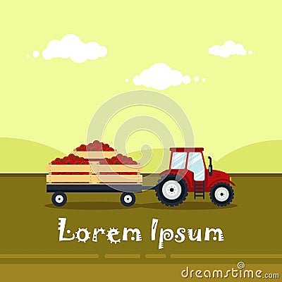 Flat red tractor with a cart tomato. The agricultural machinery transports for farm with vegetables - vector Vector Illustration