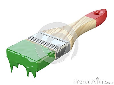 Flat repair brush in a green paint with wooden handle, painting tool Cartoon Illustration