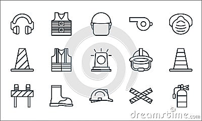 flat rescue and protective line icons. linear set. quality vector line set such as , helmet, road block, no entry, boot, cone, Vector Illustration