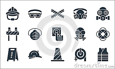 Flat rescue and protective line icons. linear set. quality vector line set such as vest, cone, warning, fire hose, helmet, road Vector Illustration