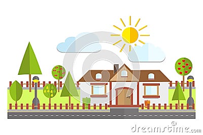 Flat Residential House with fruit trees vector illustration Vector Illustration