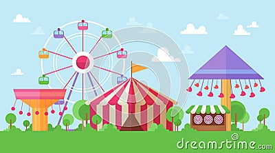 Flat Retro Funfair Scenery with amusement attractions Vector Illustration