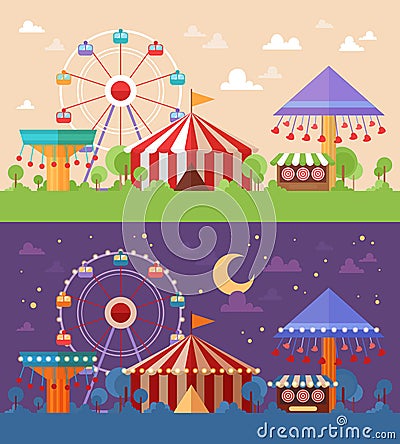 Flat Retro Funfair Scenery with amusement attractions Vector Illustration