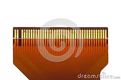 Flat ribbon cable isolated on white. flat connector with golden pins macro. connection detail of a circuit board Stock Photo