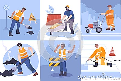 Flat Road Repair Icon Set Vector Illustration