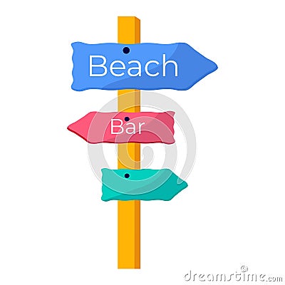 Flat road sign to summer beach and bar. Concept of summer sports and leisure outdoor activities, walking. Flat vector Vector Illustration
