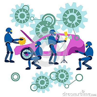 Flat Robots repair the car. Car assembly is automated in minimalist style. Cartoon Stock Photo