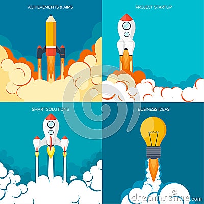 Flat rocket spaceship launch. Startup concept and project development.Space exploration. Vector Illustration
