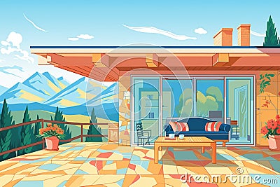 flat roof of modern cottage against the backdrop of mountains, magazine style illustration Cartoon Illustration