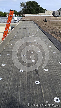 Flat Roof repairs, Smooth modified, torchdown Stock Photo