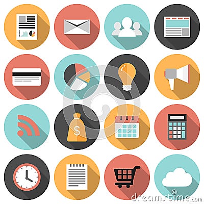 Flat round business and marketing web icons set Vector Illustration