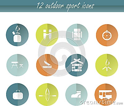 Flat round camping icons, white signs on green, orange, blue, graphics. Design element Vector Illustration