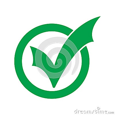 Flat round check mark green icon, button. Tick symbol isolated on transparent background. Vector Illustration