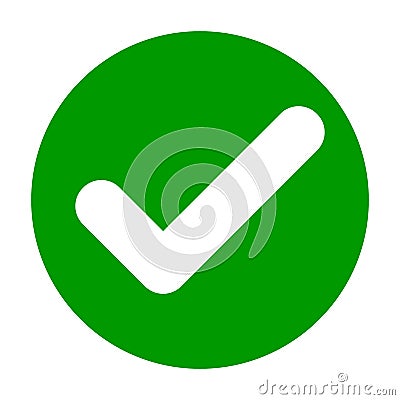 Flat round check mark green icon, button. Tick symbol isolated on white background. Vector Illustration