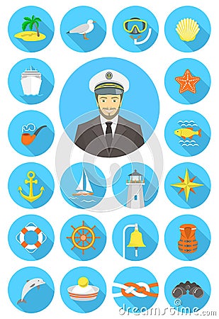 Flat round nautical icons with young attractive captain Vector Illustration