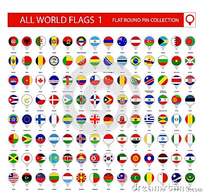 Flat Round Pin Icons of All World Flags. Part 1 Vector Illustration