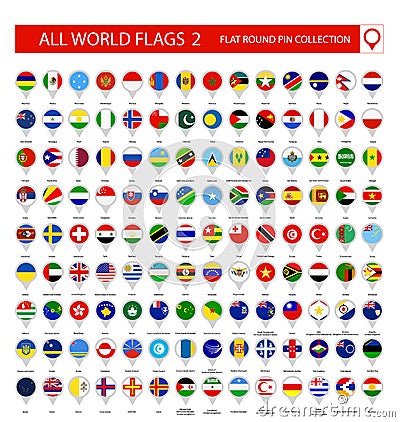 Flat Round Pin Icons of All World Flags. Part 2 Vector Illustration