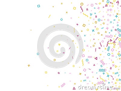 Flat 90s style bauhaus pink blue yellow party confetti flying on white. Vector Illustration