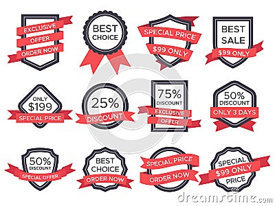 Flat sale badge. Retro emblem ribbon banners and old victorian labels. Vintage sales badges and ribbons label vector Vector Illustration