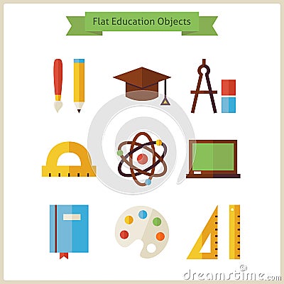 Flat School and Education Objects Set Vector Illustration