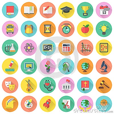 Flat school subjects icons with long shadows Vector Illustration