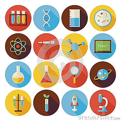 Flat Science and Education Circle Icons Set with long Shadow Vector Illustration