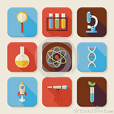 Flat Science and Education Squared App Icons Set Vector Illustration