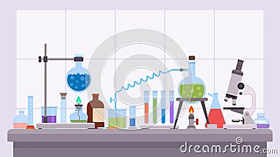 Flat science laboratory experiment with glass beakers and flask. Pharmaceutical research equipment on desk. Chemical lab Vector Illustration