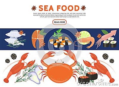Flat Sea Food Icons Set Vector Illustration