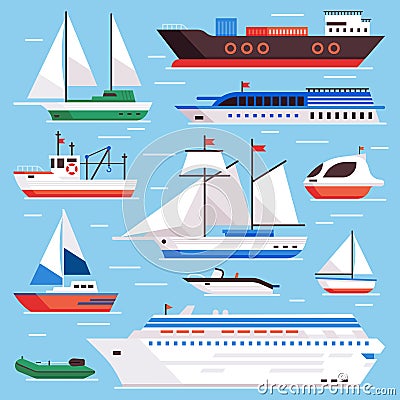 Flat sea ships. Marine shipping sailing boat, ocean cruise liner and icebreaker ship vector set Vector Illustration