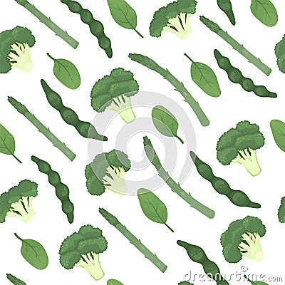 Flat seamless pattern with broccoli, green beans, asparagus, peas, spinach. Healthy food, vegetarianism Vector Illustration