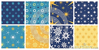 Flat seamless patterns with colorful stars for nursery wallpaper. Starry night sky texture. Blue cartoon galaxy with Vector Illustration