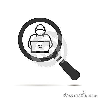 Flat search icon with hacker or software engineer symbol on whit Vector Illustration