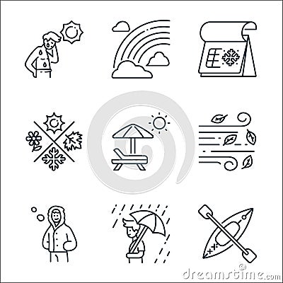 Flat season line icons. linear set. quality vector line set such as kayak, rainy day, winter clothing, wind, umbrella, season, Vector Illustration