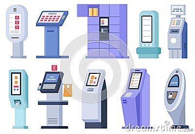 Flat self order terminals and kiosks with touchscreen display. Digital interactive service board for tickets, atm and Vector Illustration