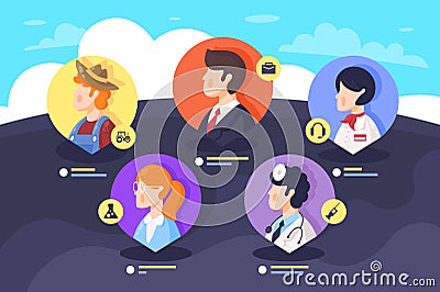 Flat set icon specialists with doctor, scientist, farmer, operator, businessman. Cartoon Illustration