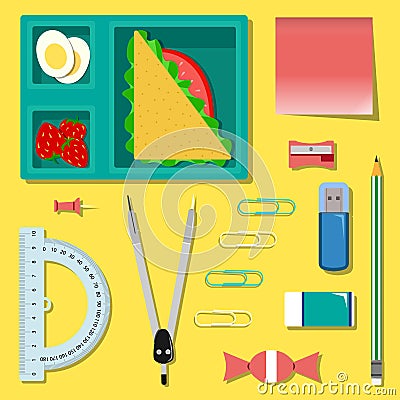 Flat set of stationery with lunch box on the table. Vector Illustration