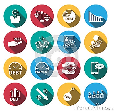 Flat shadow money crisis and debt icon set Vector Illustration