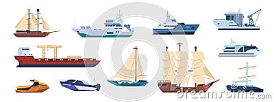 Flat ships. Sailing yachts, marine sailboats and motor ships, ocean transportation types. Vector catamaran and powerboat Vector Illustration