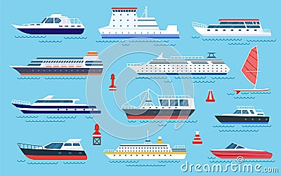 Flat ships. Speed boats, sea transport. Flat cruise yachts, sailboat and motorboat. Cartoon ocean transportation and Vector Illustration