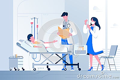 Flat sick young person lies with dropper near with doctor and nurse at the hospital. Cartoon Illustration