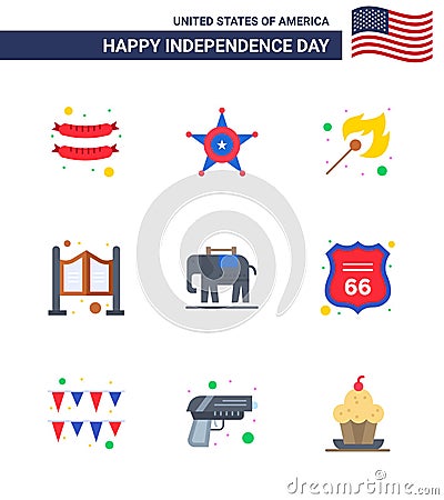9 Flat Signs for USA Independence Day usa; elephent; fire; western; household Vector Illustration