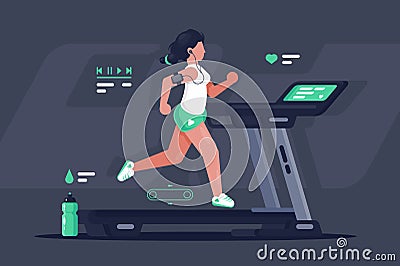 Flat silhouette young woman running on treadmill. Vector Illustration