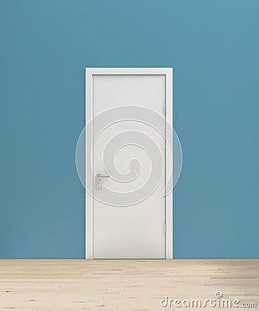 Flat simple turquoise blue wall at right angle with white door and wooden flooring, mockup, template, backdrop Cartoon Illustration