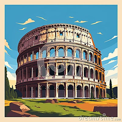 flat simple vector illustration, the coloseum in rome, ancient symbol of the Roman empire in the capital city of Italy. Cartoon Illustration
