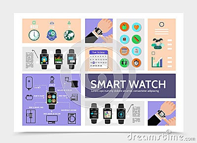 Flat Smart Watch Modern Infographic Template Vector Illustration