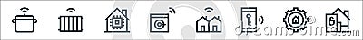 Flat smarthome line icons. linear set. quality vector line set such as padlock, smarthome, smart key, smart city, washing machine Vector Illustration